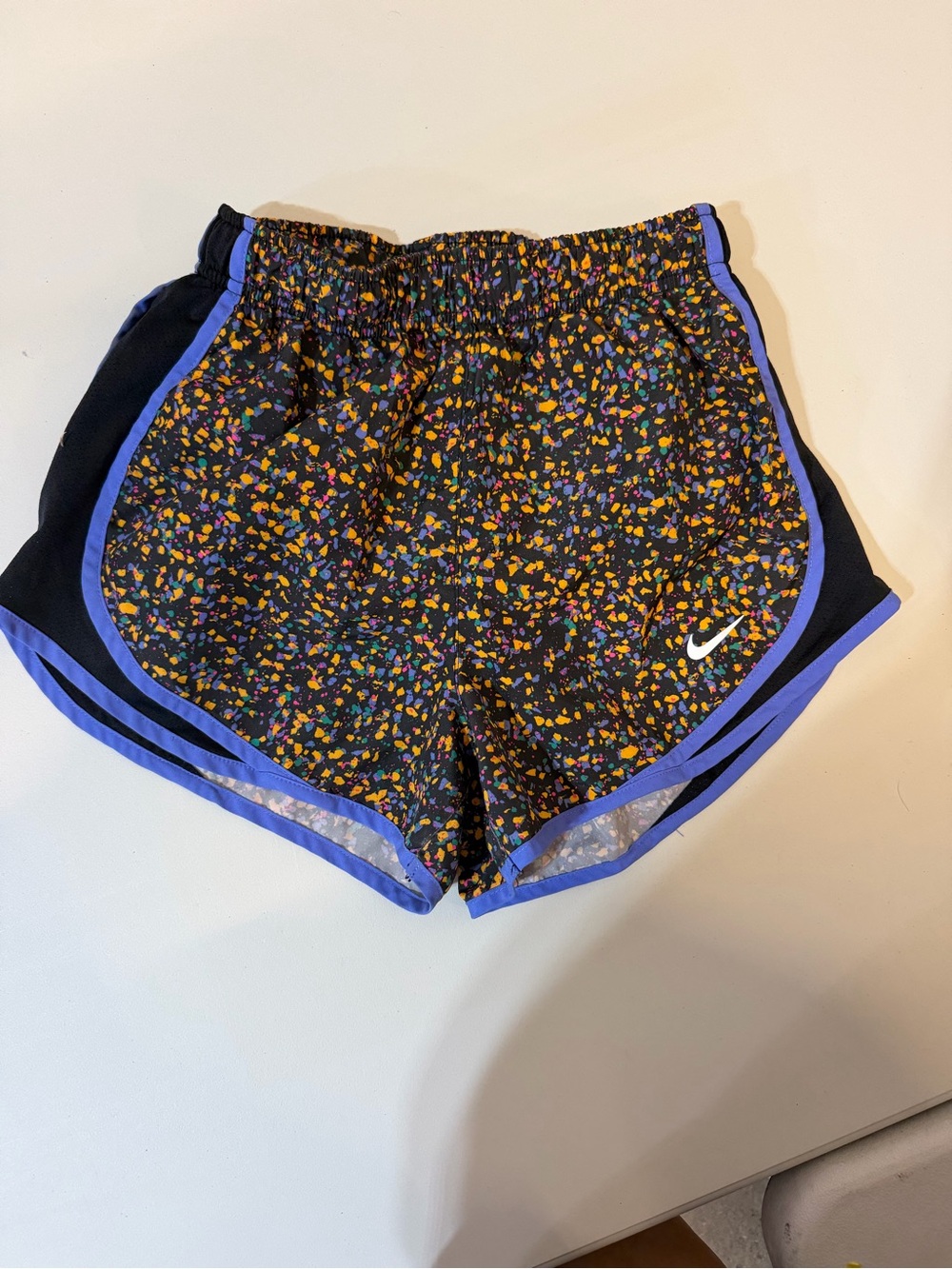 Nike Black Confetti Print Running Shorts with Purple Trim